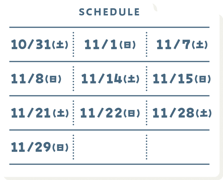 SCHEDULE 10/31(土) 11/1(日) 11/7(土) 11/8(日) 11/14(土) 11/15(日) 11/21(土) 11/22(日) 11/28(土) 11/29(日)